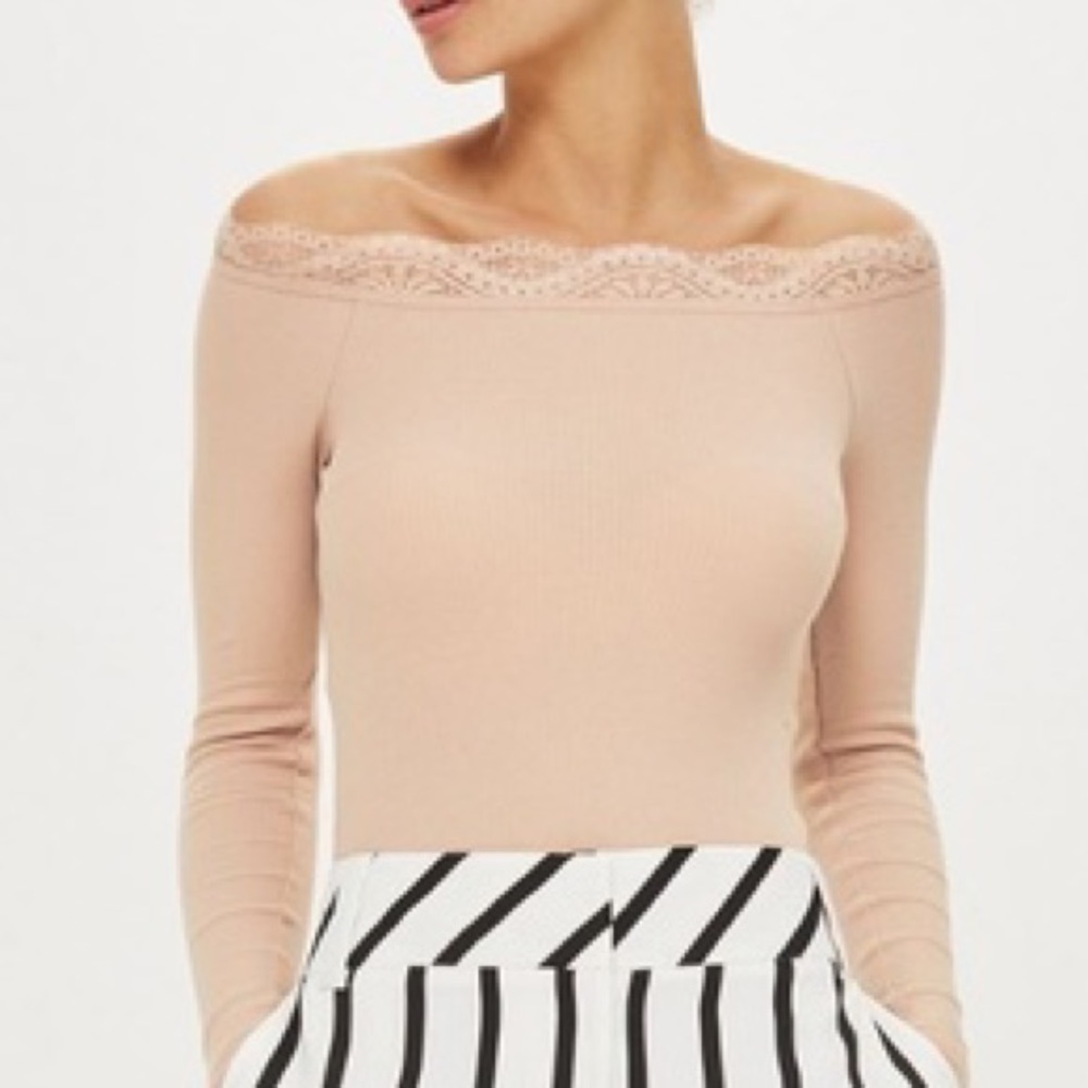 TopShop Nude Lace Trim Off The Shoulder Bodysuit